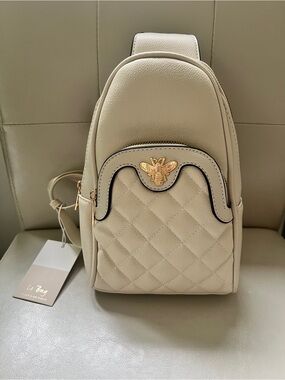 Cream Quilted Mini Backpack with Gold Bee Accent Faux Leather Le Bag